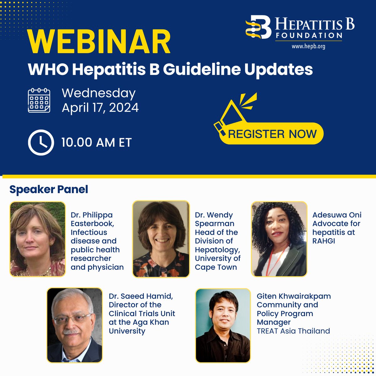 You are invited to a WEBINAR 💻 📅 Apr 17, 2024 ⏲️10 a.m. ET 🗣️Topic: Global Updates: Hepatitis B World Health Organization Guidelines Register 👉 ow.ly/Pa8r50R4f5O  ✔️After registering, you will receive a confirmation email with details.