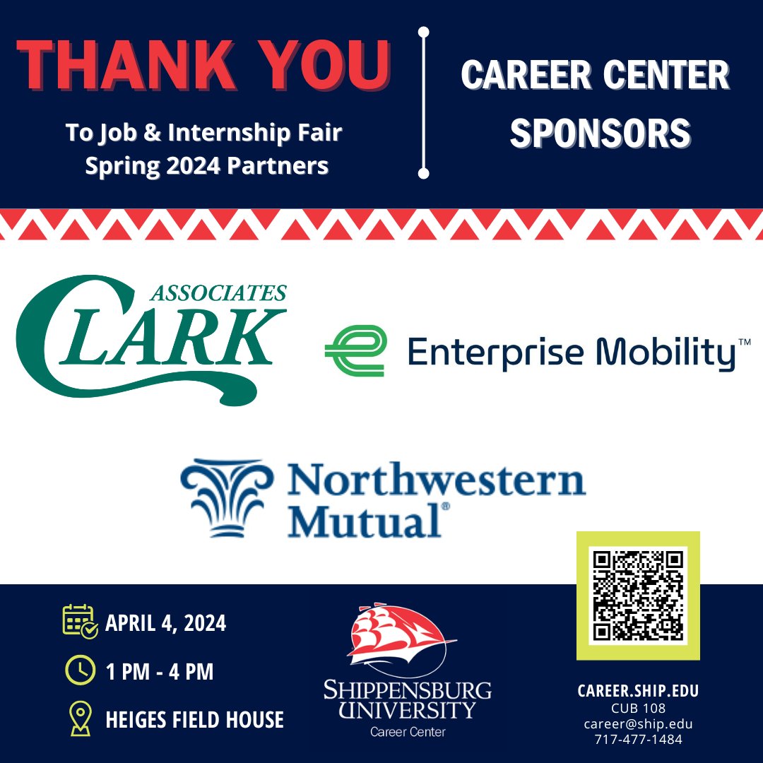 THANK YOU to our Career Center Sponsors at the Job &amp; Internship Fair 🙌 It's truly amazing to have your support for @ShippensburgU Career Center this spring 2024! Check out our guide with links to all employers in attendance: ow.ly/mkZT50R3oRw

#ThankYou #CareerReady #ShipU