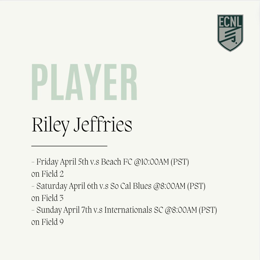 Mark your calendars for Riley Jeffries' action-packed schedule at ECNL Phoenix Spring! Join us in cheering on Riley as she dominates the field!