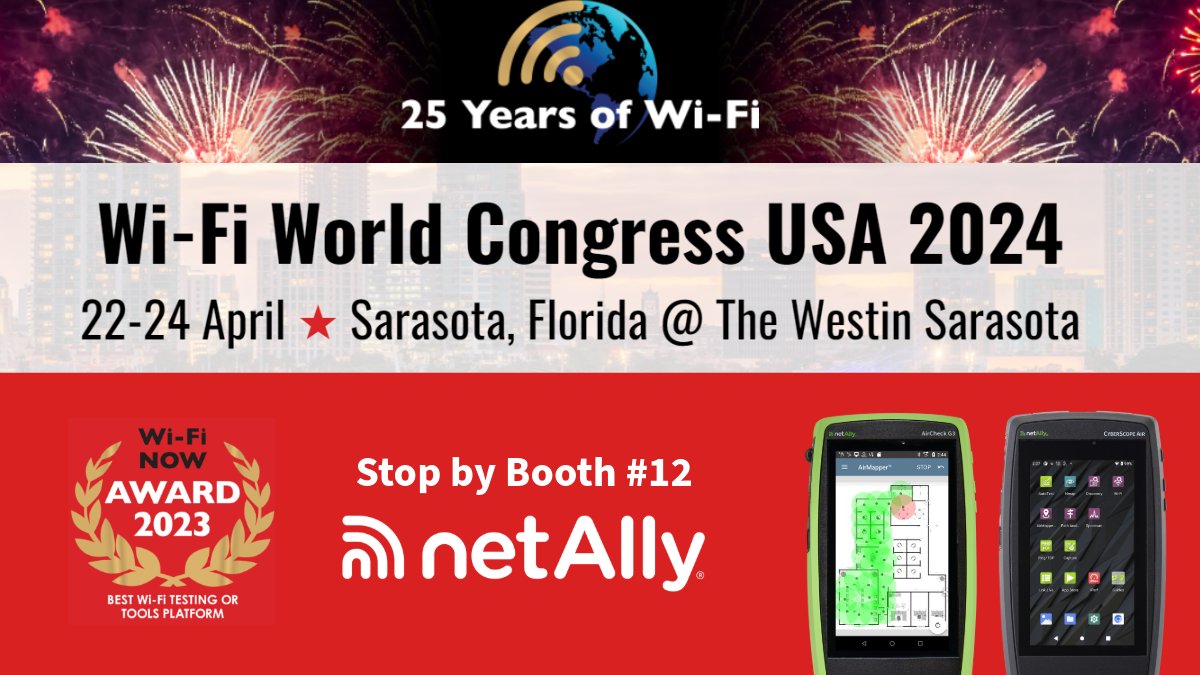 Attending Wi-Fi World Congress USA? Stop by our booth to see the #CyberScope Air and #AirCheck G3 in action! wifinowglobal.com/sarasota-2024/… #NetAlly #WiFiNow #BestWiFiTesting