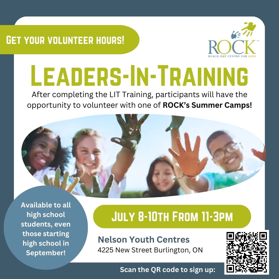 Halton Youth! Looking to get your volunteer hours? Join us for Leaders-In-Training! Upon completion, you will have the opportunity to volunteer with one of ROCK's Summer Camps! To register, visit rockonline.ca/eventregistrat… > Webinars and Workshops or scan the QR code