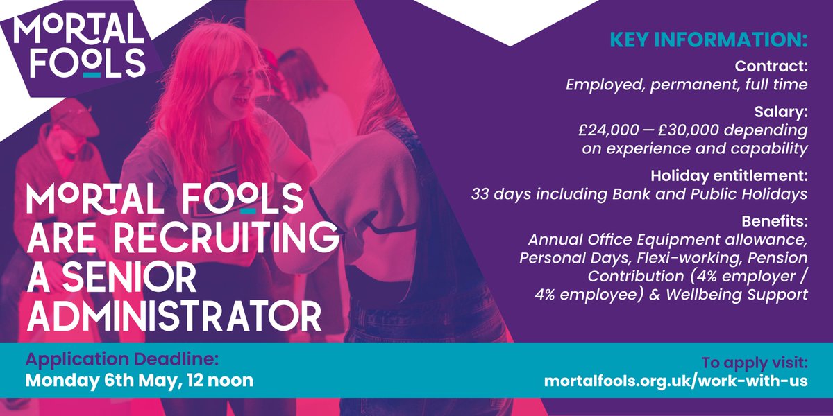📣 We are excited to be recruiting a full-time Senior Administrator to join our team. 📣 This is a new role, introduced to support the continued growth & development of Mortal Fools. Deadline: Mon 6 May, 12noon Salary: £24k - £30k For info & to apply: mortalfools.org.uk/recruitment-se…
