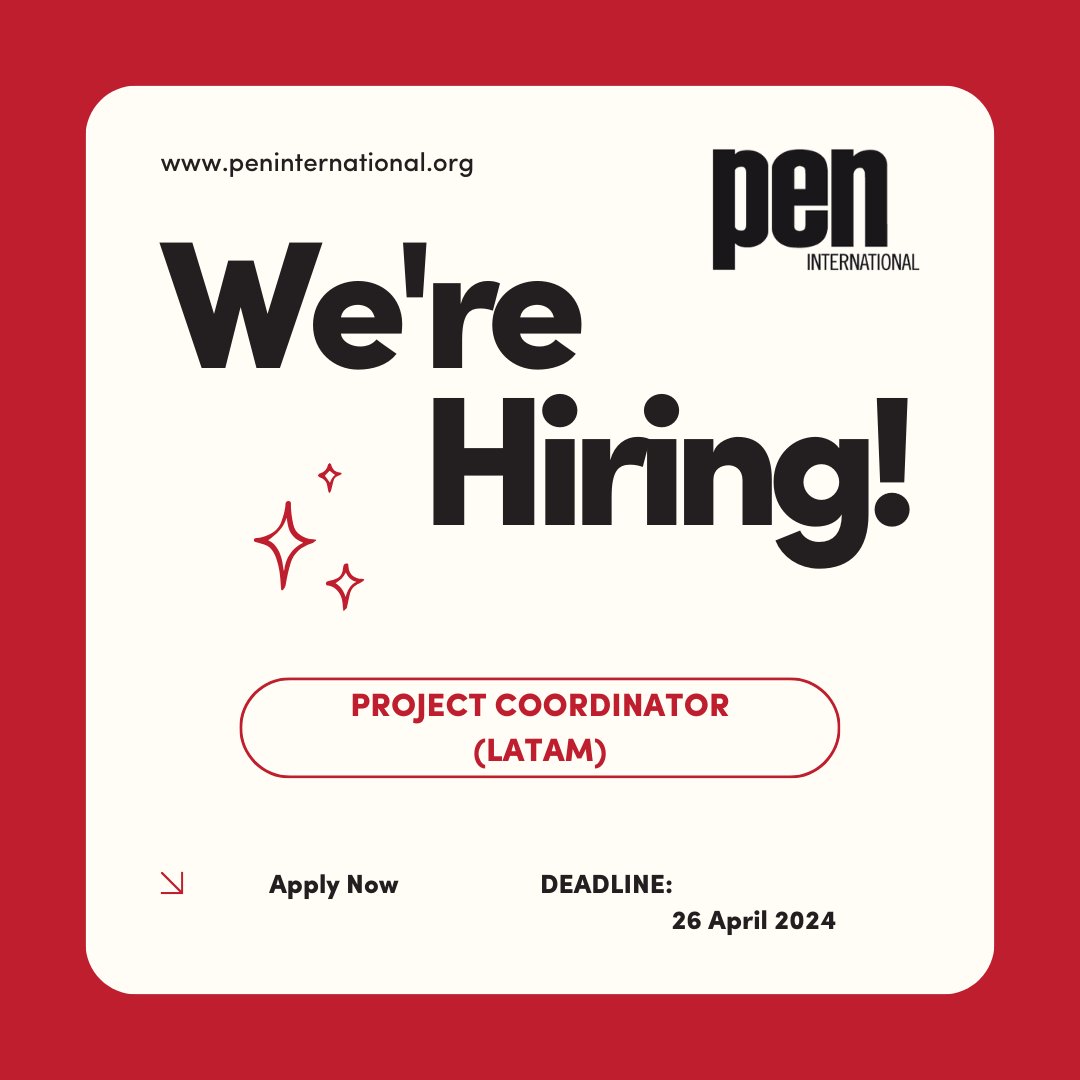 PEN International is hiring: Project Coordinator (Equity In Expression LATAM). We are seeking a new team member to work on a project promoting the voices and literature of indigenous writers in Latin America. Deadline: 26 April 2024. Learn More: pen-international.org/join-our-team