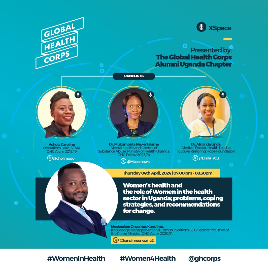 Global Health Corps Alumni Uganda Chapter invites you for a Twitter space today. Starting from 7pm - 8:30pm via @ghcorps. x.com/i/spaces/1dRKZ… Topic. Women's Health and the role of women in the health sector in Uganda. Moderator: @kansiimeonesmu2 #WomenInHealth #Women4Health