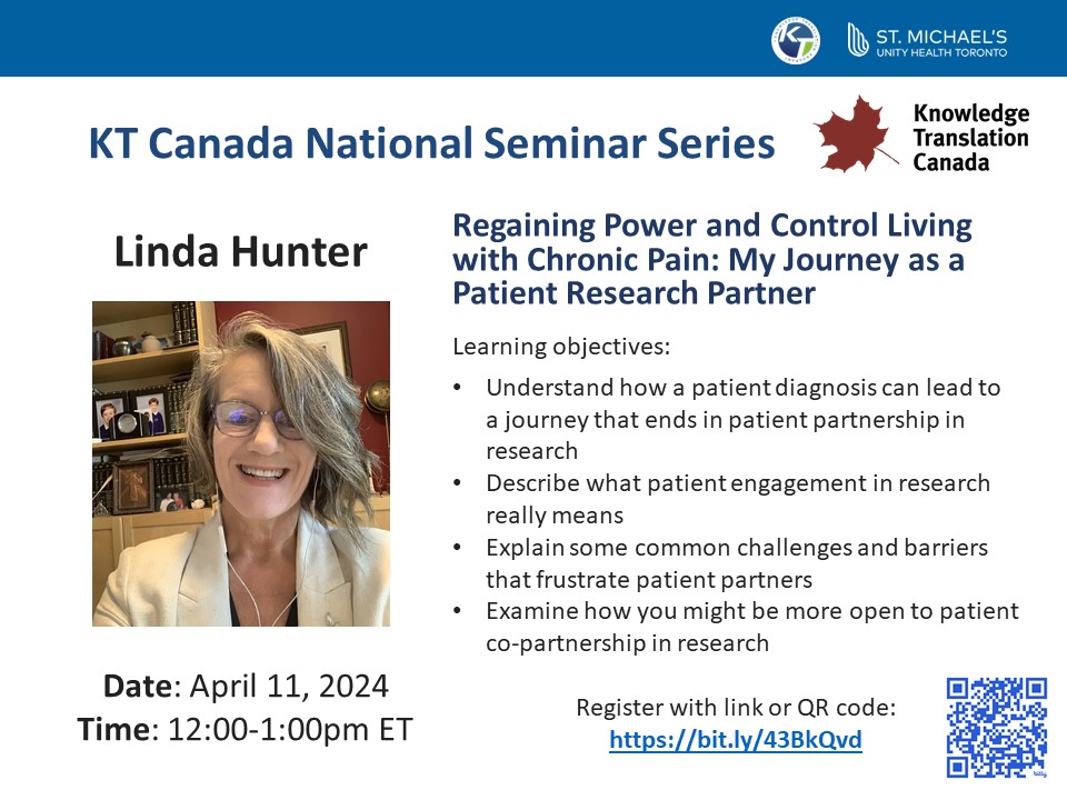Pls share - Sign up for this webinar taking place on April 11 from 12-1pm ET! Linda Hunter will present on 'Regaining Power and Control Living with Chronic Pain: My Journey as a Patient Research Partner'. Register: bit.ly/43BkQvd