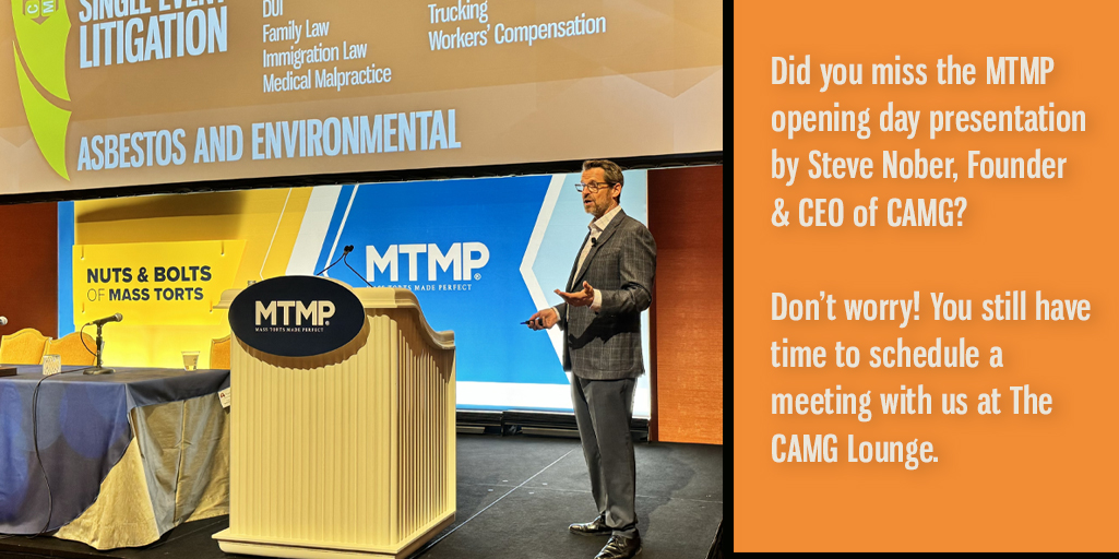 Did you miss Steve Nober's opening day presentation at MTMP? 😔 There's still time to schedule a meeting with us at The CAMG Lounge! Let's discuss how CAMG can elevate your legal marketing strategies. 📈 shorturl.at/gqBCQ #MTMP #LegalMarketing