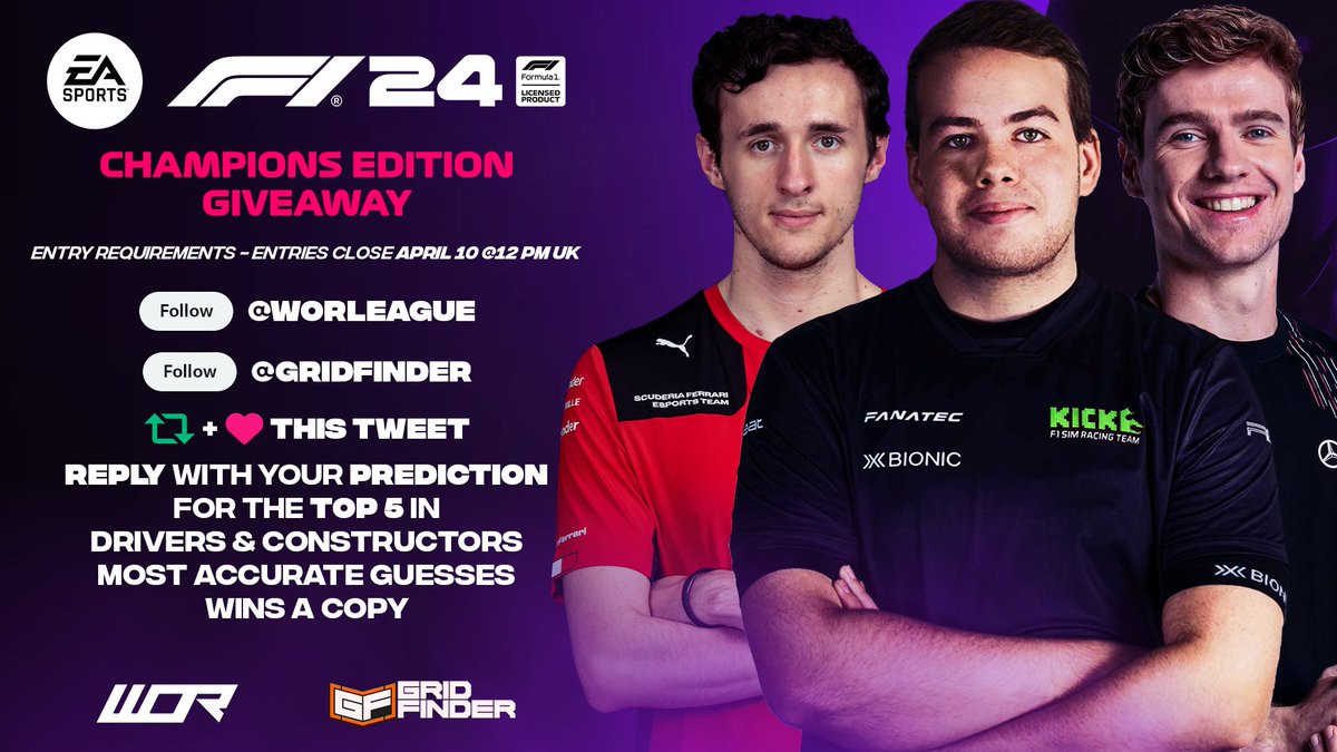 🚨 F1 24 GIVEAWAY 🚨 With the return of #F1Esports, we are giving away a F1 24 Champions Edition copy 😍 🔹 Follow @WORleague & @GridFinder 🔹 Like & Retweet 🔹 Correctly predict the top five in F1 Esports' Driver and Team Championships Entries close at midday on April 10 🔜