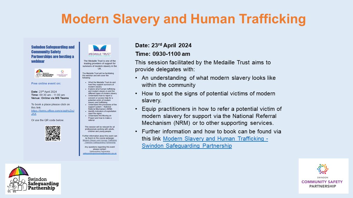 If you missed our tweet, we have an upcoming free online event on 23rd April 2024 from 9:30-11am! Modern Slavery and Human Trafficking with @MedailleTrust via MS Teams! #Exploitationhappensatanyage #SwindonPractitioners Book below 👇✏️ safeguardingpartnership.swindon.gov.uk/directory_reco…