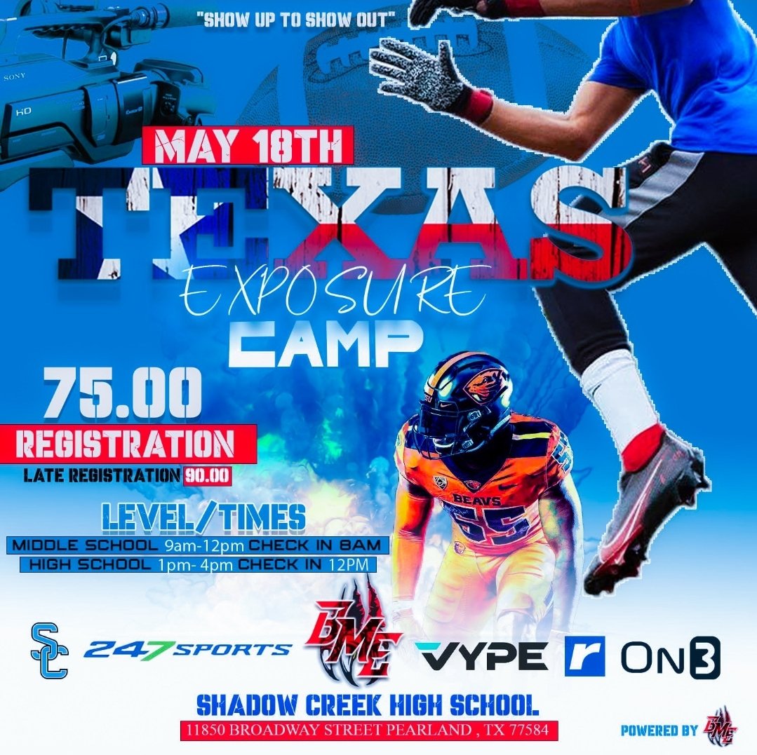 We are excited to work the Texas Exposure Camp again this year. Hosted at Shadow Creek High School. A chance to display your talents in front of the Texasv writers from @247Sports @rivals @On3sports @vypehouston @joeagleason Registration is now open sportsthread.com/user/register-…