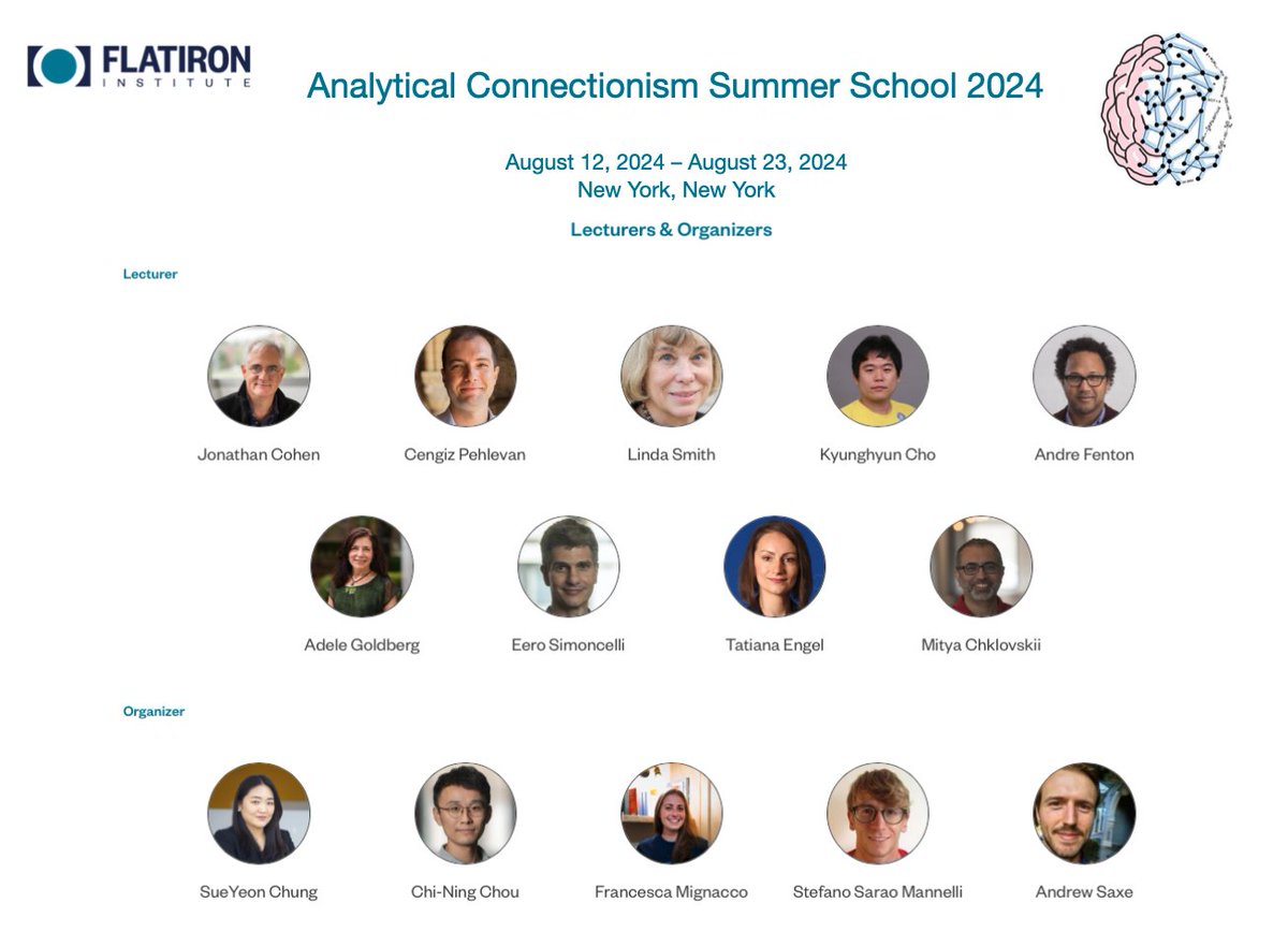 SueYeon Chung (@s_y_chung) on Twitter photo Excited to announce this summer school on analytical approaches (eg statistical physics and probability theory) for understanding deep learning models and higher-level cognition in NYC!
Analytical Connectionism Summer School (Aug 12-23, '24)
Speakers:
Jonathan Cohen
<a href="/CPehlevan/">Cengiz Pehlevan</a> Excited to announce this summer school on analytical approaches (eg statistical physics and probability theory) for understanding deep learning models and higher-level cognition in NYC!
Analytical Connectionism Summer School (Aug 12-23, '24)
Speakers:
Jonathan Cohen
<a href="/CPehlevan/">Cengiz Pehlevan</a>