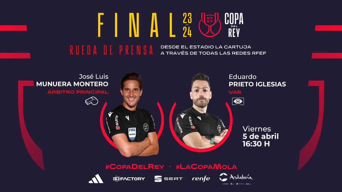 🗣️ RUEDA DE PRENSA | Árbitros de la final de la #CopaDelRey.

🙋🏻‍♂️ Principal | José Luis Munuera Montero
📺VAR | Eduardo Prieto Iglesias

🗓️ Viernes 5 de abril
⏰ 16:30 horas
📍 Estadio La Cartuja
📺 En DIRECTO en rfef.tv y redes sociales

#ArbitrajeRFEF | <a href="/CTARFEF/">CTA</a>