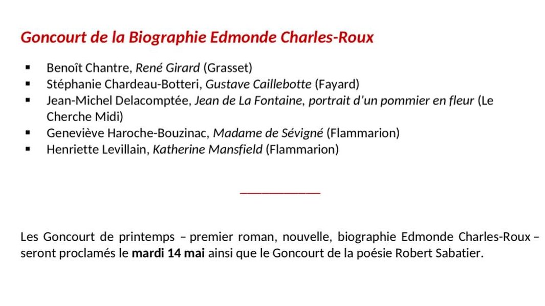🎊 La nouvelle vient de tomber, 'Portrait d'un pommier en fleur' de Jean-Michel Delacomptée est en lice pour le Prix Goncourt de la Biographie Edmonde Charles-Roux. Rendez-vous le 14 mai pour l'annonce des résultats. @Editis_officiel @Lisez_officiel
