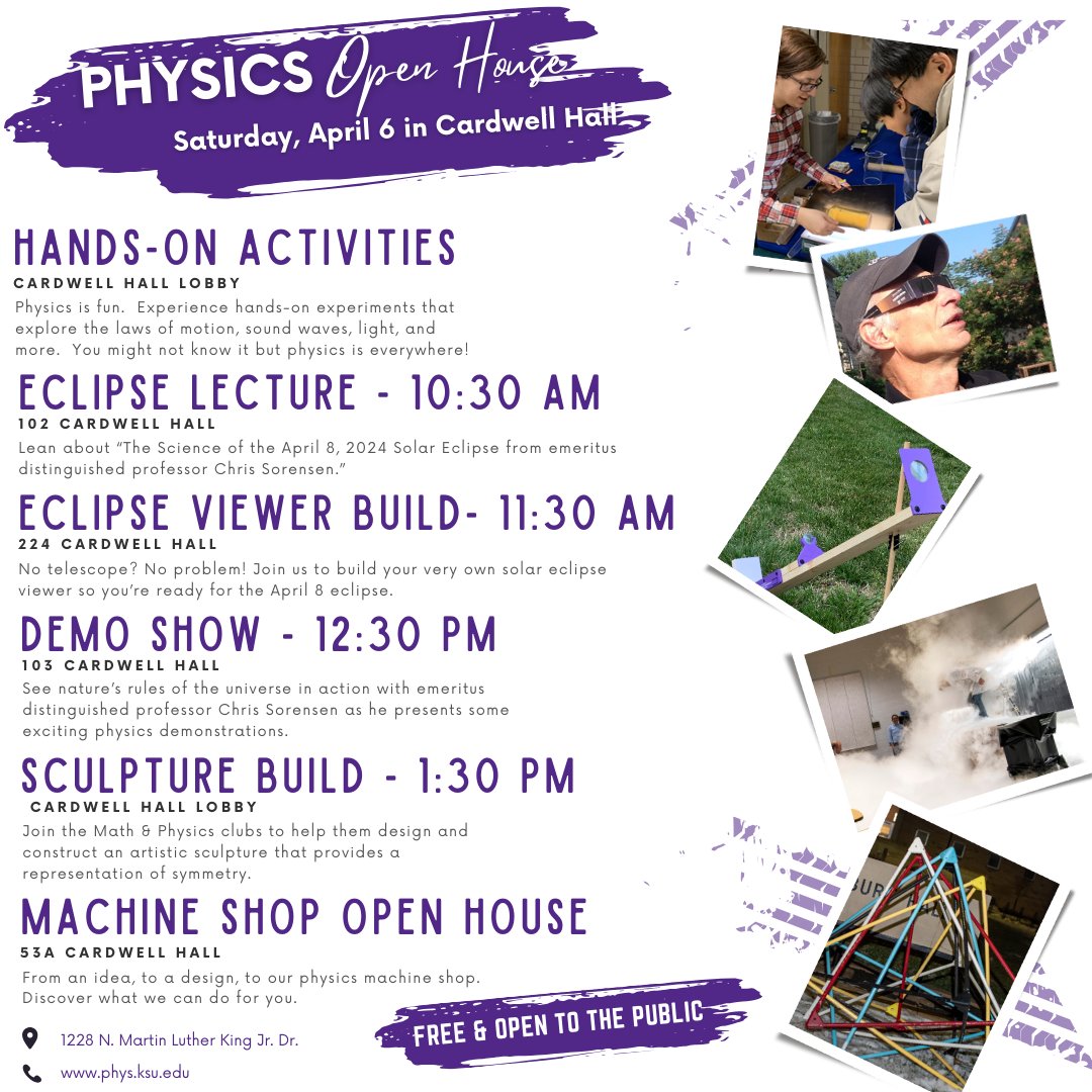 Enjoy family-friendly #science in Cardwell Hall during @KState Open House today. Explore fun interactive hands-on experiments, learn about the #solareclipse and make a viewer for it, watch an explosive #physics demo show, & build a sculpture. All events are free.