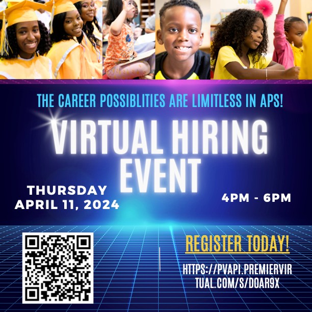 Discover fulfilling roles within our school district. 🍎 Don't miss our Teachers and Operations Virtual Hiring Event on April 11th from 4 pm to 6 pm! Explore exciting career opportunities and connect with us online. #APSCareers #SayYestoAPS #AtlantaPublicSchools #Education