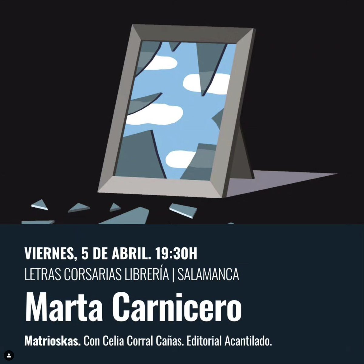 Mañana viernes 5 de abril la escritora <a href="/CarniceroMarta/">𝙼𝚊𝚛𝚝𝚊 𝙲𝚊𝚛𝚗𝚒𝚌𝚎𝚛𝚘 𝙷𝚎𝚛𝚗𝚊𝚗𝚣</a> presentará «Matrioskas» en la librería @LetrasCorsarias (Salamanca). La autora estará acompañada de Celia Corral Cañas. ¡Os esperamos!