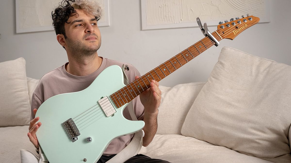 “I asked Ibanez for a Telecaster-style guitar with a single neck pickup. I was expecting them to make fun of me and say no!” Standards’ Marcos Mena is bringing joy to virtuoso playing with his custom mint green tapping machine trib.al/CmKZ7lr