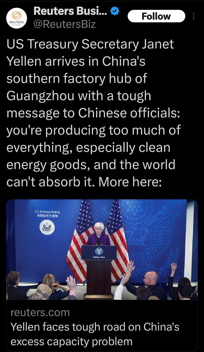 It's fine for the US to dominate any industry or sector, but not China. This is the US's problem, not China's. The attitude of the US is quite something. #yellen #us #trade