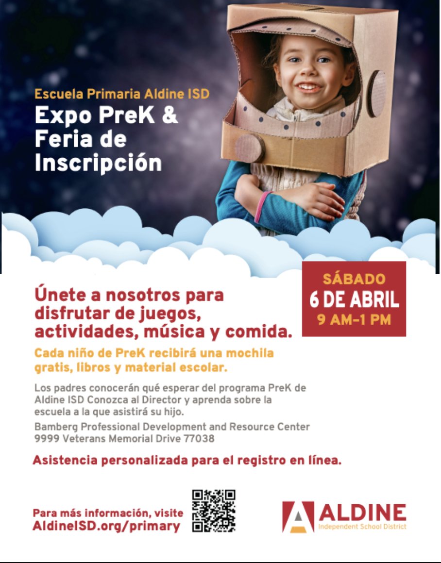 Join us April 6, 2024 for our annual Aldine PreK EXPO and Enrollment Fair! You will learn which Primary School your child will attend, complete pre-enrollment and receive a free backpack with books and supplies! @AldineISD @drgoffney @AldineHeadStart @JVillarrealAISD