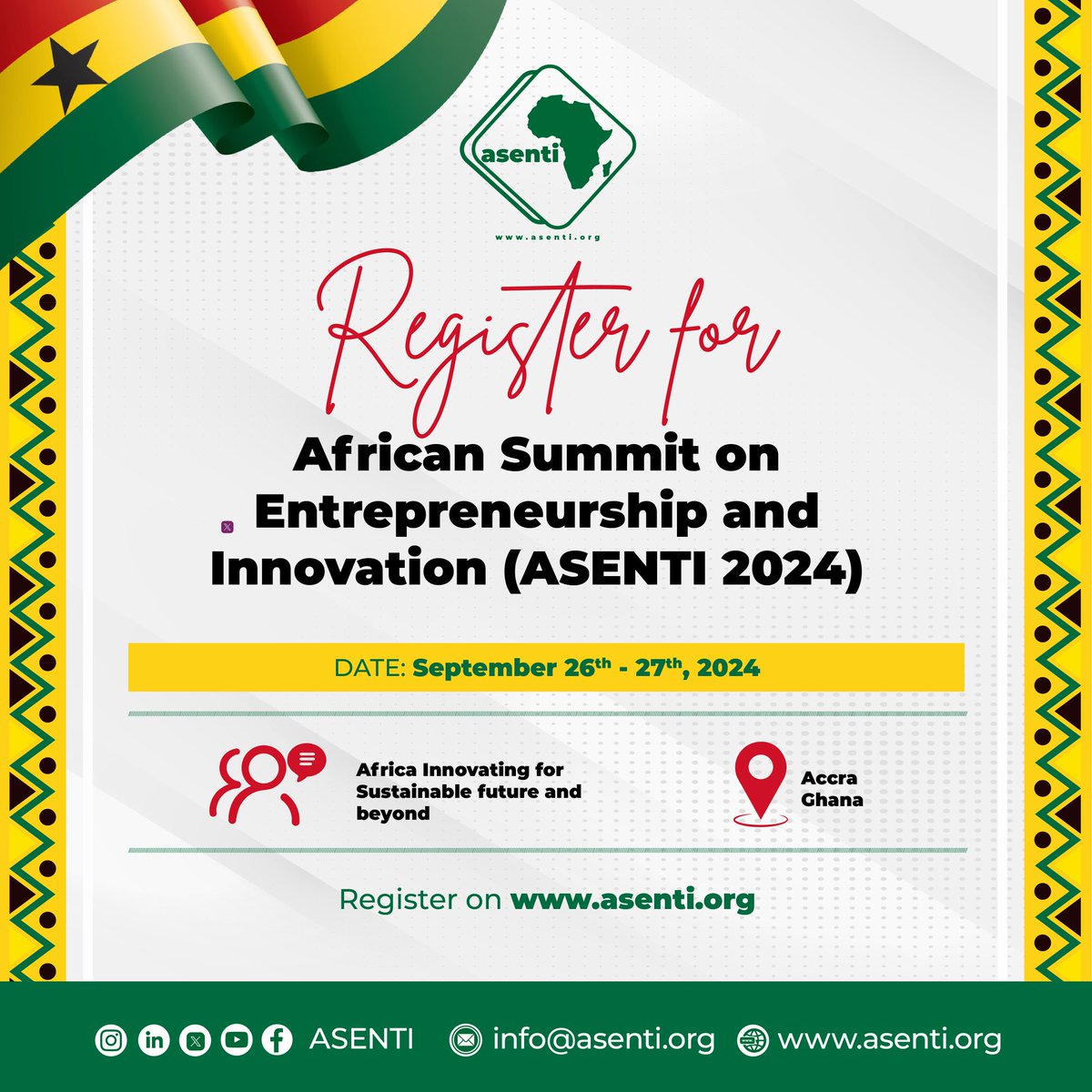 #ASENTI2024 Accra Ghana (@asentike) on Twitter photo We are so excited to announce that The African Summit on Entrepreneurship and Innovation ASENTI 2024 will be hosted in Accra Ghana register now asenti.org for early bird tickets. We are so excited to announce that The African Summit on Entrepreneurship and Innovation ASENTI 2024 will be hosted in Accra Ghana register now asenti.org for early bird tickets.