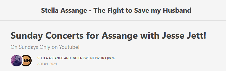 Thank you @Stella_Assange & @DefenseAssange for featuring @jesse_jett on the Sunday Concert series! Everyone can listen/watch the episode on Stella's Substack, which is also a newsletter you can subscribe to - for free! stellaassangeofficial.substack.com/p/sunday-conce…