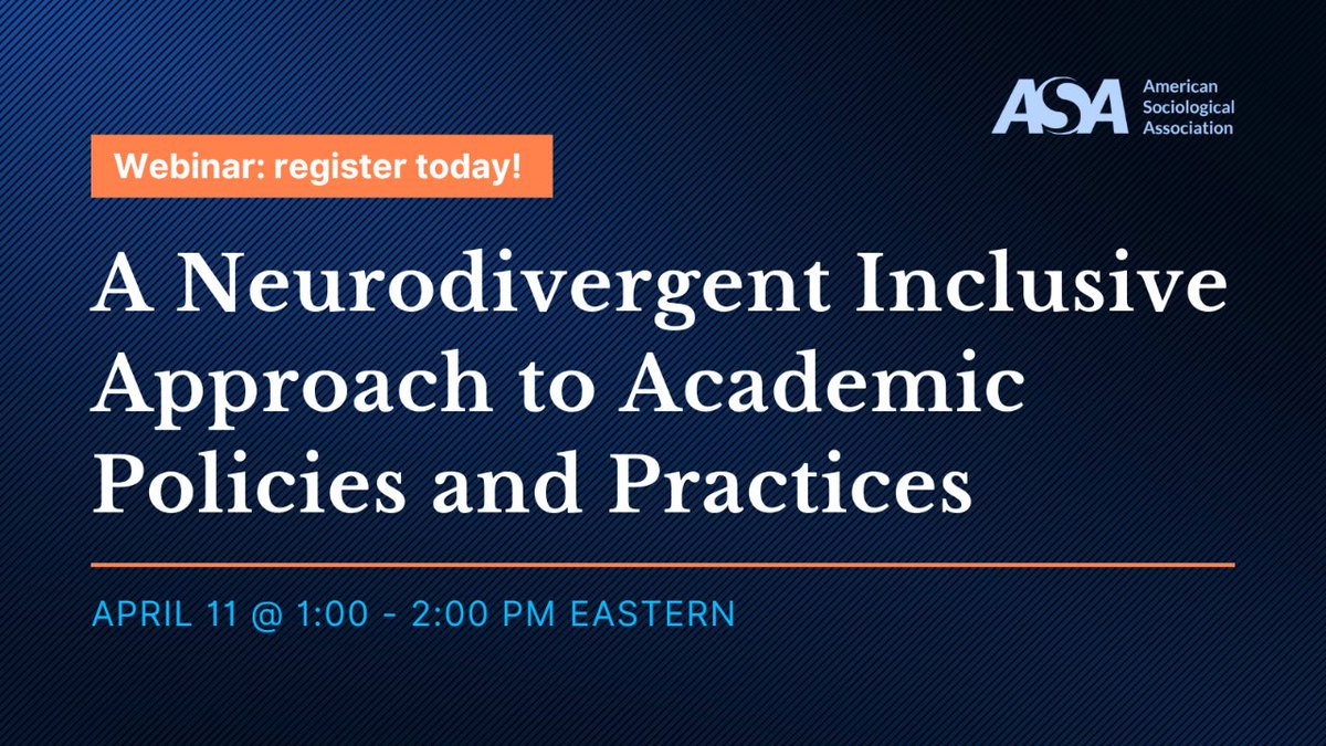 Join the ASA webinar on April 11 at 1 p.m. Eastern for a discussion led by Chantelle Lewis @ChantelleJLewis and Jason Arday @Cambridge_Uni on how colleagues and higher education institutions can better support neurodiversity in academia. bit.ly/3vkajaP.
