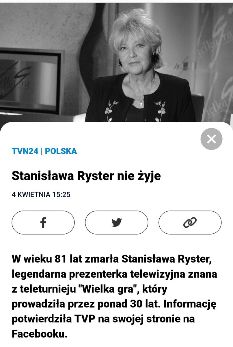 Woz_Piotr's tweet photo. Nie żyje ikona #TVP. Prawdziwa osobowość. Prawdziwa historia. Stanisława #Ryster RIP. To było nazwisko, jak #Suzin. Jego okazję miałem poznać i porozmawiać w Kazimierzu Dolnym nad Wisłą. Człowiek zdaje sobie sprawę, że 50 już puka. Dobry Boże, Wielka Gra u piotrowych bram. https://t.co/Q5J9oZtaBL