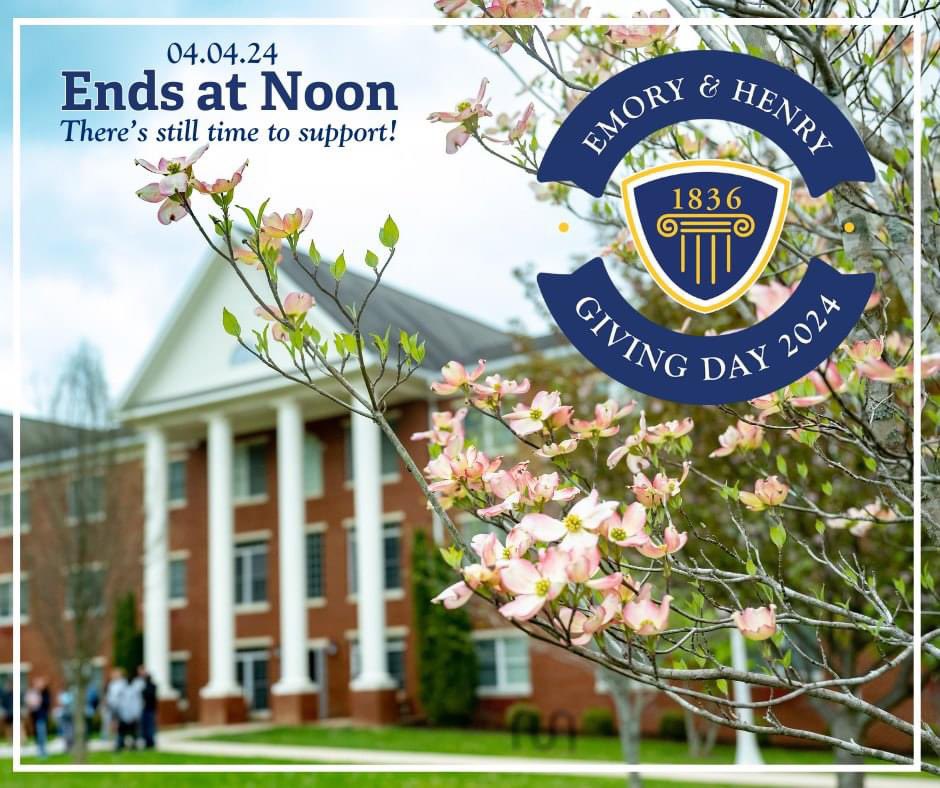 ⏰There's still time to support Emory & Henry for E&H Giving Day! Now is the time to make an impact and make it count. Your support can truly make a difference in the lives of our students, faculty, staff, and community. To donate, visit ehc.edu/givingday. #emoryandhenry