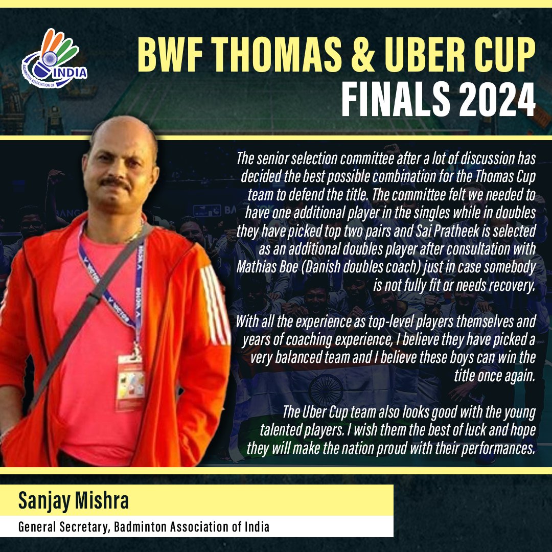 BAI General Secretary Mr. @sanjay091968 optimistic about India’s #ThomasUberCup2024 campaign with a blend of experienced champions and rising stars. 🗣️🇮🇳 #ThomasCup2024 #UberCup2024 #TeamIndia #IndiaontheRise #Badminton