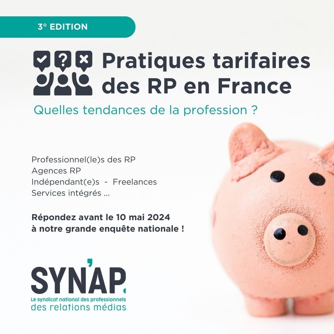synap1's tweet image. #EtudeRP Le SYNAP lance la 3ème édition de son #étude sur les pratiques tarifaires des #RP  en France. Professionnels des relations #médias,  indépendants ou en agence, vous pouvez répondre à l’enquête : form.typeform.com/to/AijBzAtN?ty…