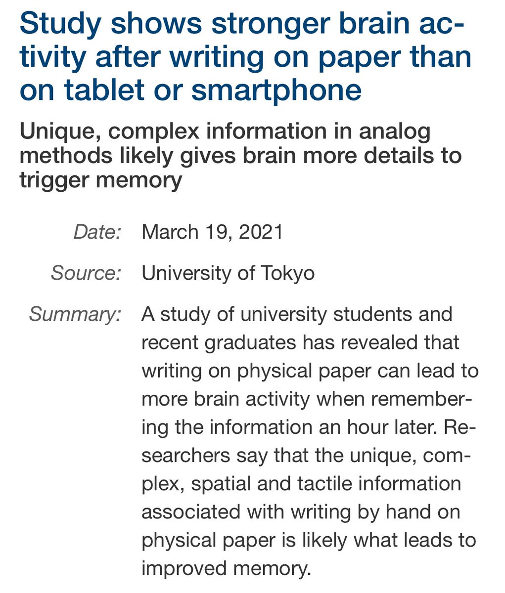 Cool study 🚨 Writing with a pen and paper — instead of writing on a phone or tablet with a stylus pen — is more beneficial for memory and retaining/remembering the information 👇🏿📝