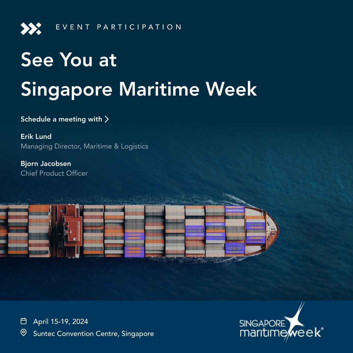 Nexxiot at Singapore Maritime Week.

Meet with Erik Lund &amp; Bjorn Jacobsen and discover how digital solutions offer unparalleled efficiency &amp; safety for your business operations.

Secure your meeting: lnkd.in/dHGCBfmQ

#maritime #logistics #Digitalsolutions #safety