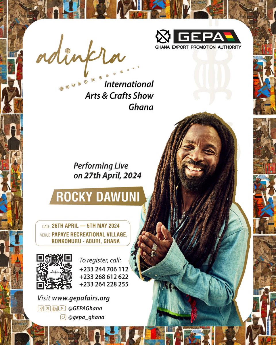 Ghana Export Promotion Authority 🇬🇭 (@gepaghana) on Twitter photo 1/2
Get ready to be moved by the rhythm of <a href="/RockyDawuni/">Rocky Dawuni</a>'s music at his first concert of the year on April 27th at the Adinkra Int. Arts and Crafts Show Ghana.
It's not just a concert; it's a chance to connect with music and each other. 1/2
Get ready to be moved by the rhythm of <a href="/RockyDawuni/">Rocky Dawuni</a>'s music at his first concert of the year on April 27th at the Adinkra Int. Arts and Crafts Show Ghana.
It's not just a concert; it's a chance to connect with music and each other.