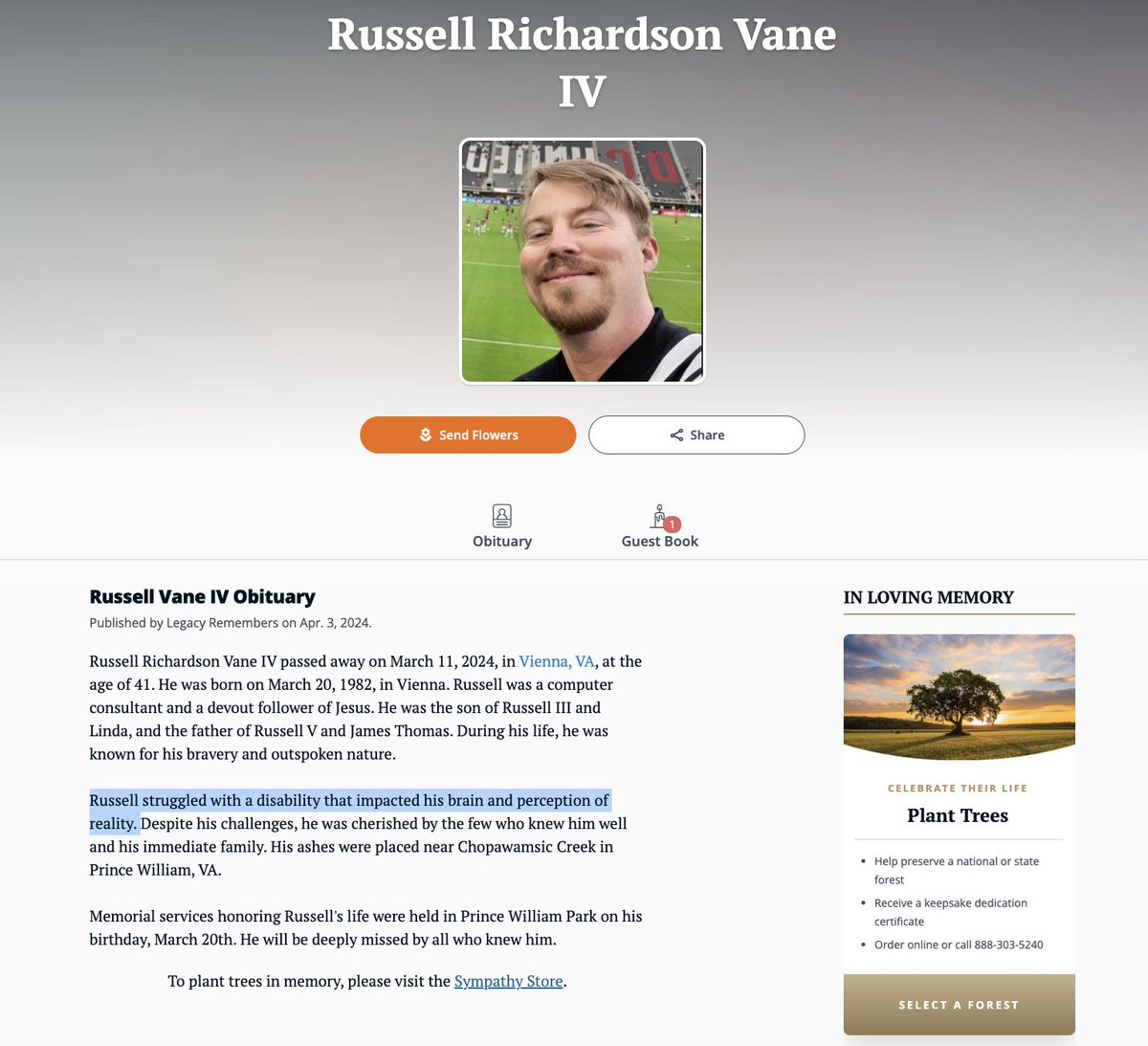 28) While the photo and family information are accurate, 'Russell struggled with a disability that impacted his brain and perception of reality' is a bizarre line to include in an obituary, paired with no mention of his military service, which I've confirmed in court records.