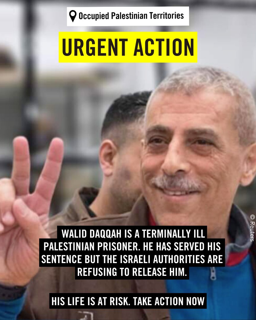 Walid Daqqah is a terminally ill Palestinian prisoner who faces a real and imminent danger to his life. He has completed his sentence, but the Israeli authorities are refusing to release him. Sign the petition and demand his release! amnesty.ie/walid-daqqah/
