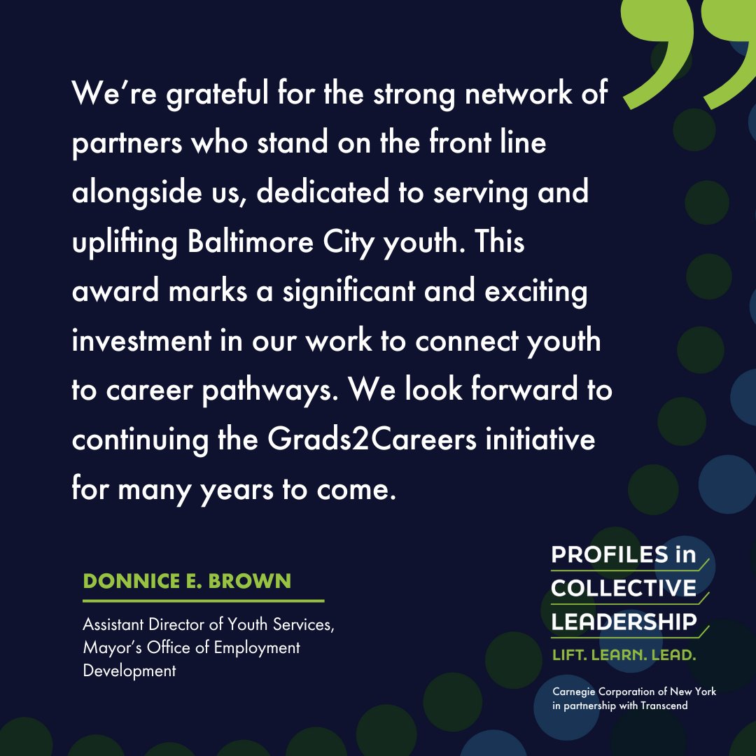 Celebrating collaborative success: Last week, we announced that @carnegiecorp recognized Grads2Careers as a model of collective leadership. Its success is owed to its collaboration across city systems, including @BaltCitySchools and @JobsBaltimore_ (MOED). #Baltimore