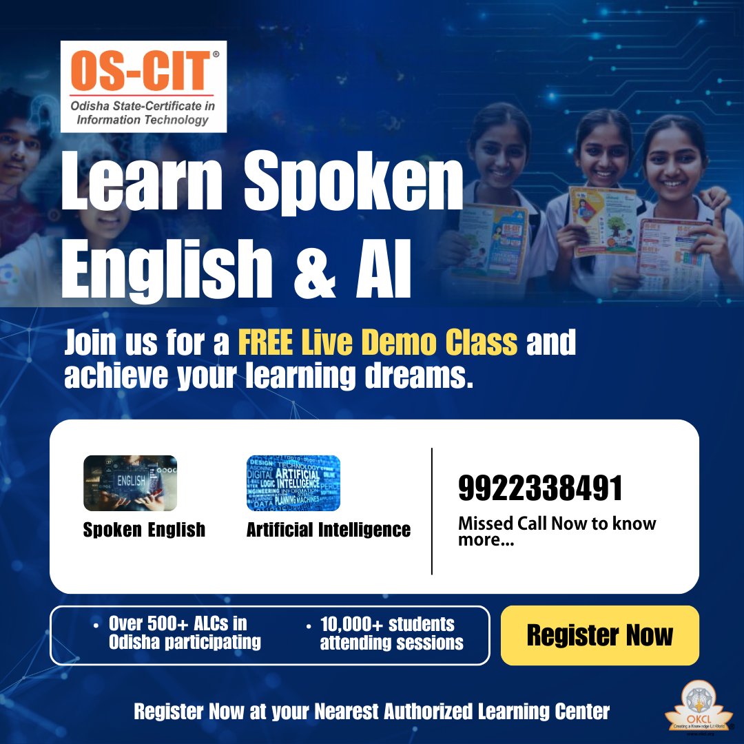 Supercharge your skills with FREE Spoken English & AI demo classes! Enroll now!
For more info Missed call 9922338491
.
.
.
#OSCIT #SpokenEnglish #AITraining #OKCL #SummerOfLearning