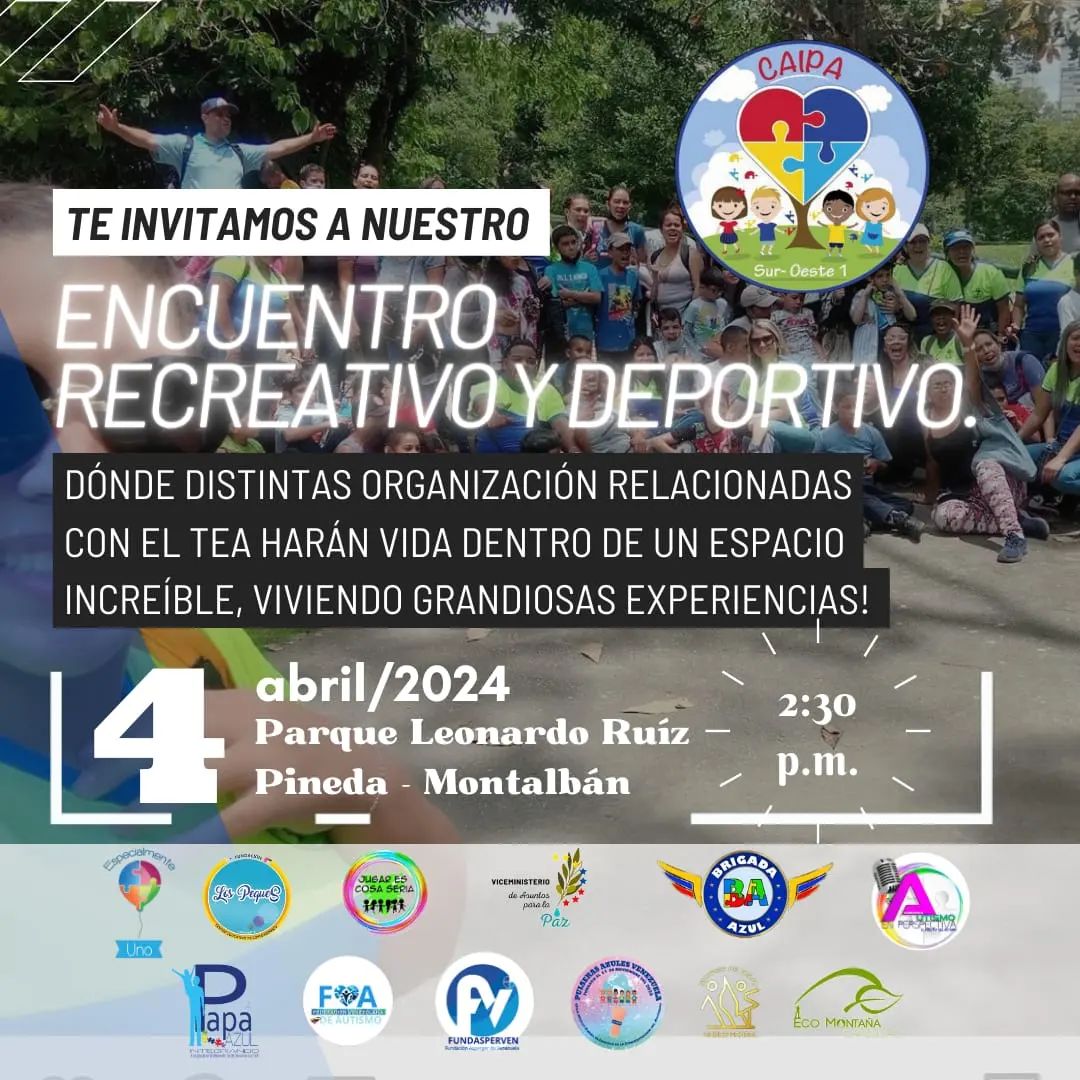 En el marco del mes del autismo te esperamos hoy #4abr en el Encuentro Recreativo y Deportivo que se llevará a cabo en el parque Leonardo Ruiz Pineda, Urb. Montalbán, Caracas a las 2:30 pm.

#encuentrorecreativoydeportivo
#mesdelautismo