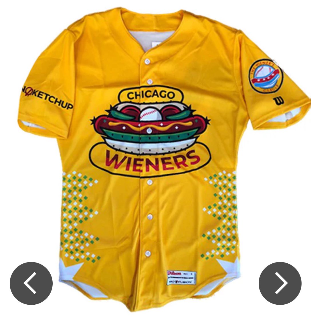 Because everyone seems to hate the Nike/Fanatics jerseys, here’s a quick thread with some jerseys you should buy…The @TheChicagoDogs Chicago Wieners jersey. Why? It’s the only baseball jersey endorsed by @TheWienerCircle shop.thechicagodogs.com/products/chica…