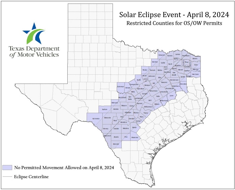 Texas Department of Transportation: Due to the Solar Eclipse on Monday, April 8, 2024, that is expected to cause severe traffic delays, no size/weight permitted travel will be allowed on that day from midnight to midnight in the following counties. 𝐍𝐎𝐓𝐄: 𝐓𝐡𝐢𝐬 𝐨𝐧𝐥𝐲…