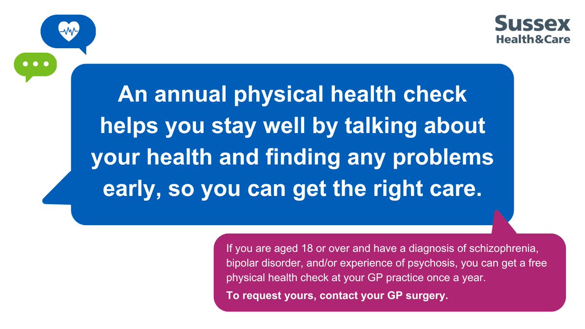 All people with a severe mental illness (including schizophrenia and bipolar disorder) who are on their GP’s SMI Register in Sussex can now access a free #PhysicalHealthCheck every year.

Contact your GP surgery to book 📞📱 @SxHealthandCare