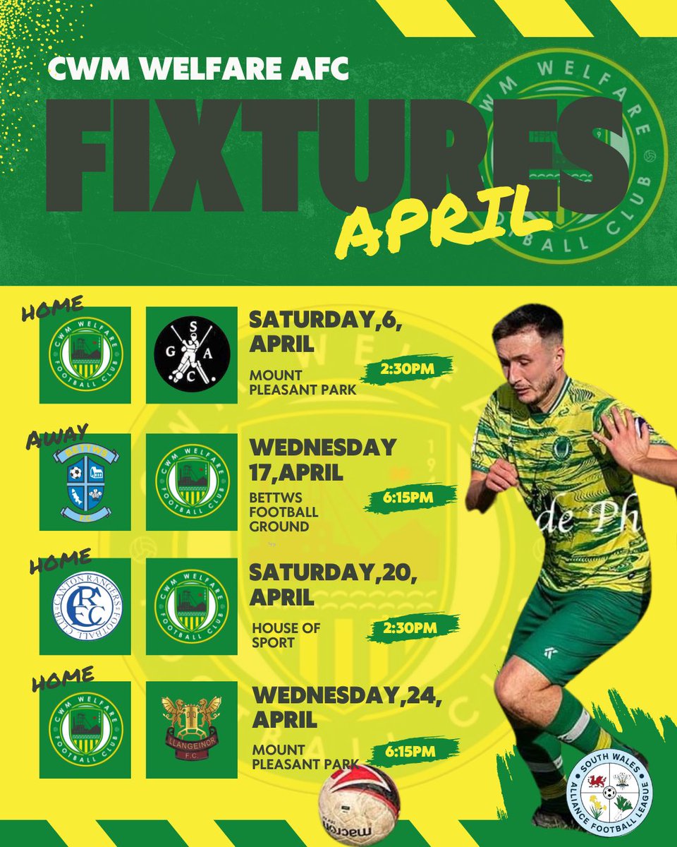 🗣️ | 𝐀𝐩𝐫𝐢𝐥 𝐅𝐢𝐱𝐭𝐮𝐫𝐞𝐬.. A look at our Men’s 1st team fixtures for April, with only 6 games remaining we look to finish off the season strong. #COTW | 🟡🟢