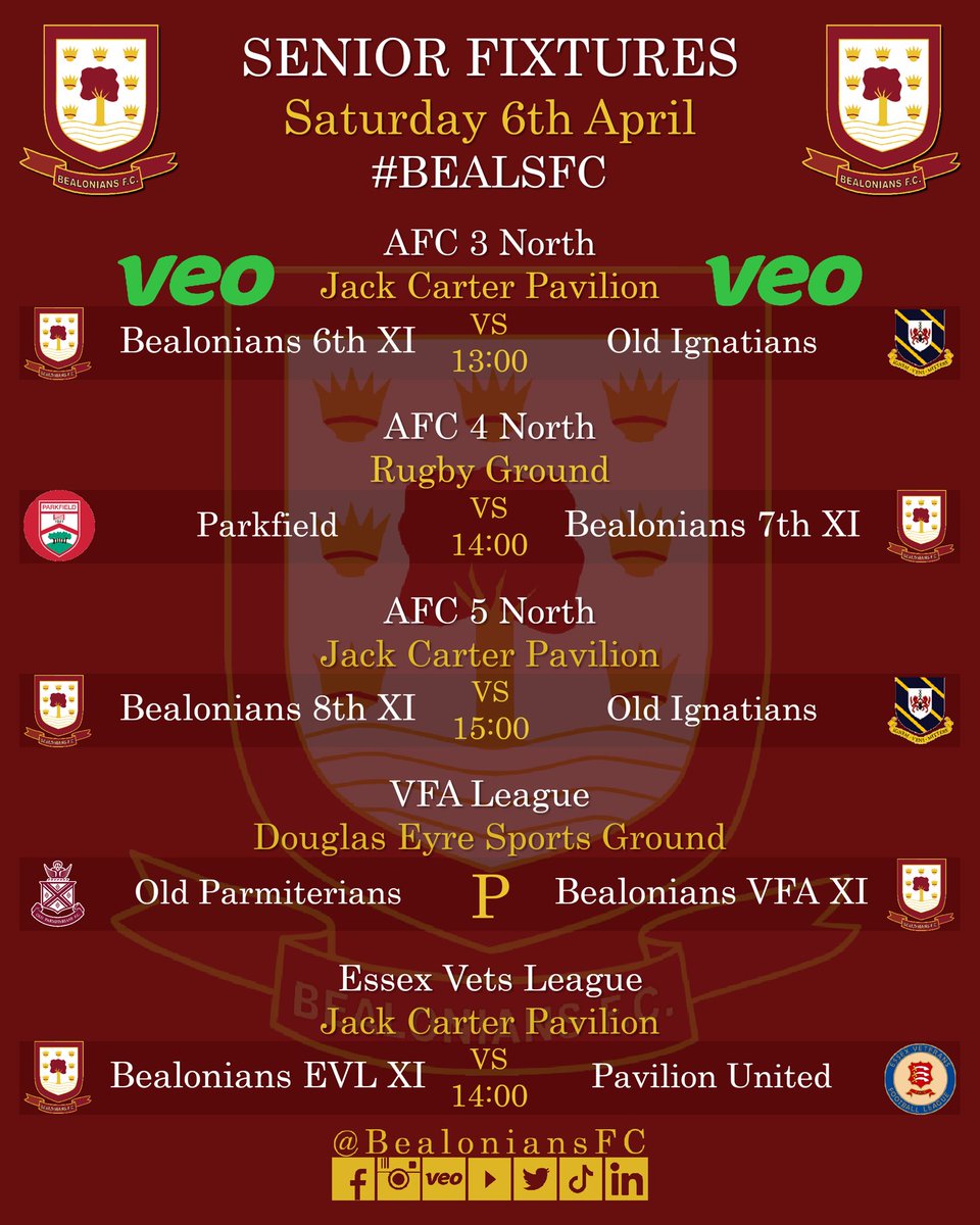 Game Week 31 sees a lack of players for our 2s opponents, no fixture for our 4s and too many injuries in the VFA Vets team which means 7/10 senior teams in action this weekend. Good luck to all ⚽️⚽️⚽️⚽️ - #BealsFC #Grassrootsfootball #Football