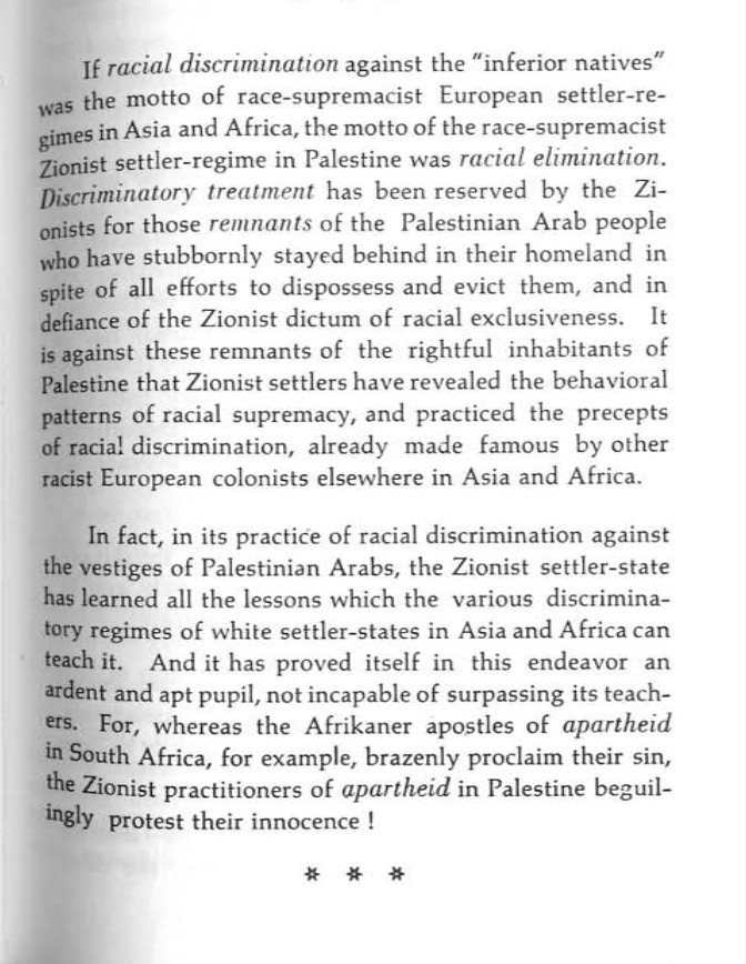 Today I am going to be teaching (in the middle of an ongoing genocide that the liberal West remains in denial of though complicit in) this text by Fayez Sayegh from 1965 (so long before the late Patrick Wolfe's famous work). Sayegh diagnoses the meaning of Israel practices…