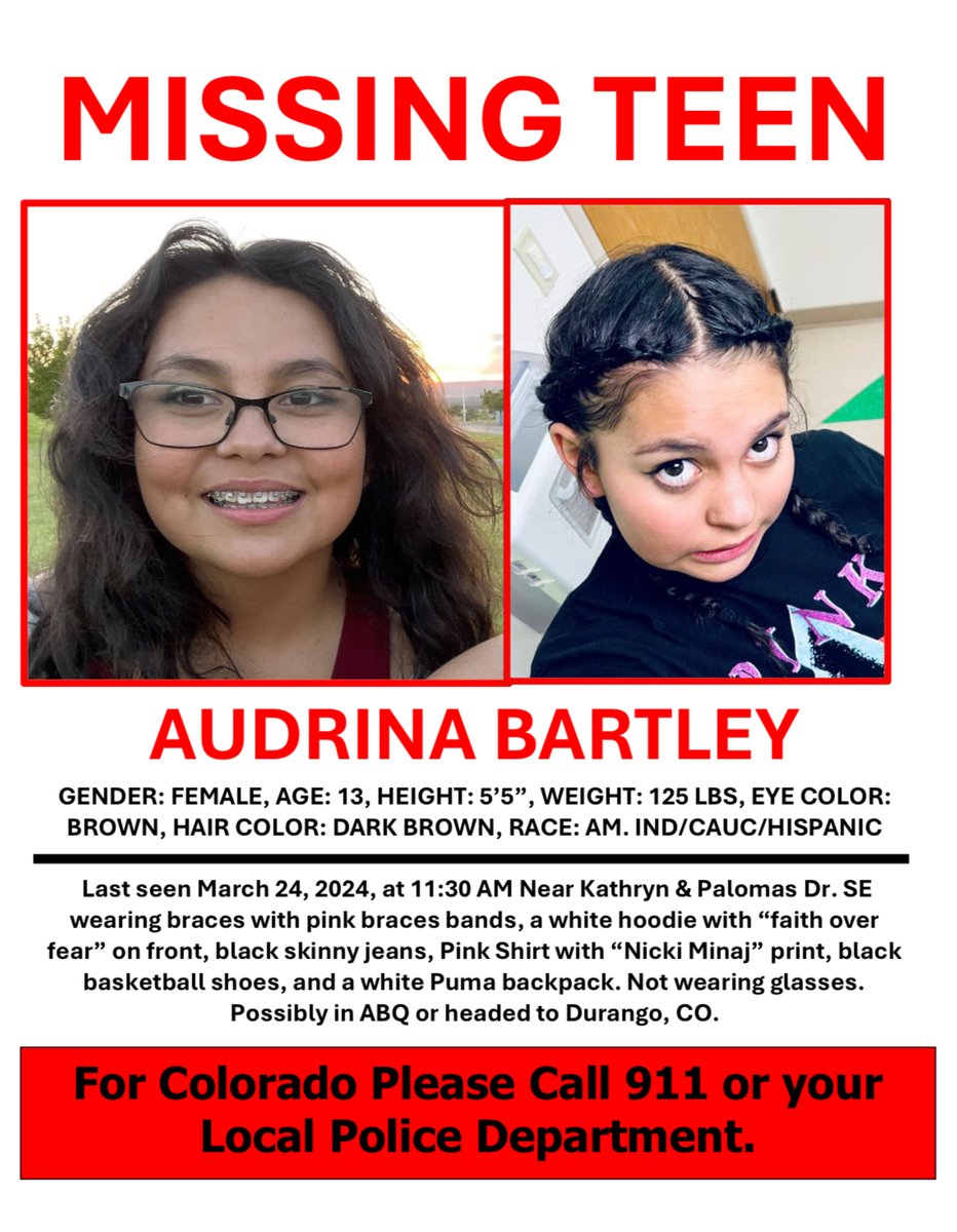 Please continue to share Audrina Bartley is still missing and has not been located.
"Audrina, we love you, please come home. Please reach out to let us know you are safe. We all miss you. You are not in trouble and we love you. Your family the Rael’s and Gorman’s."