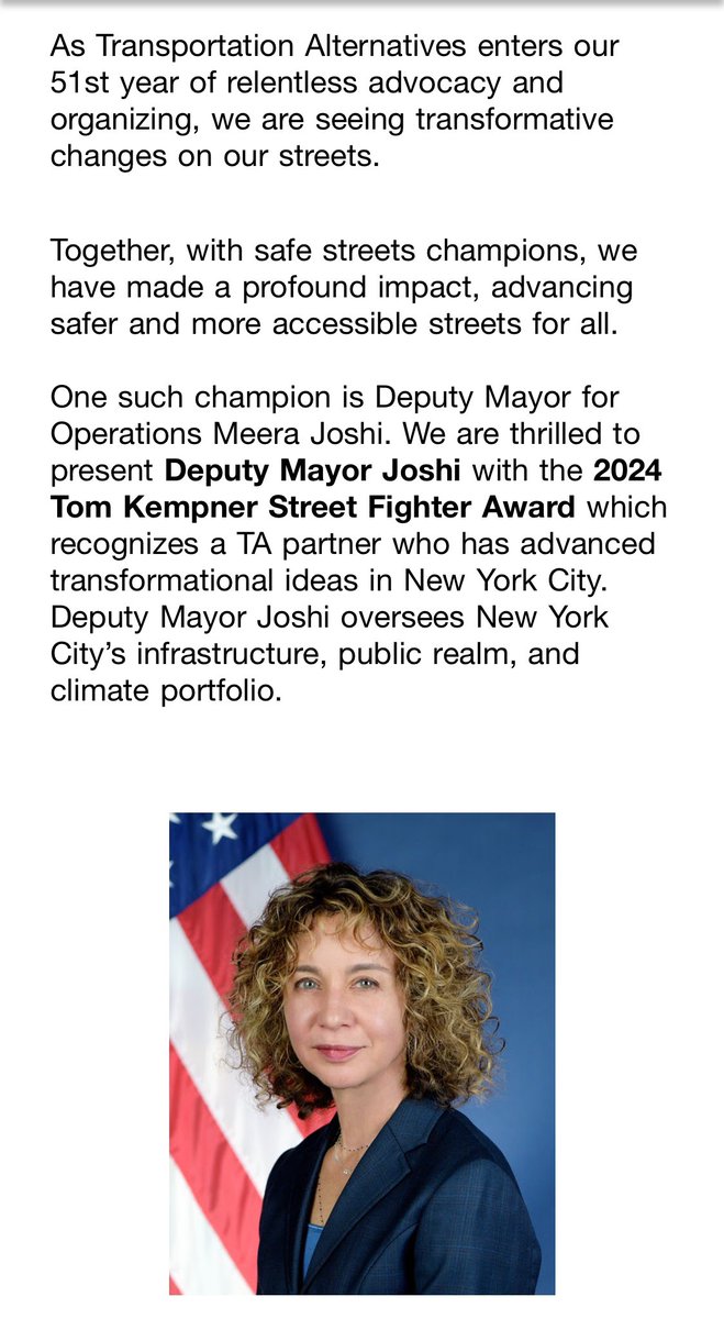 Street safety projects are being canceled by the fiat of unelected hacks in the mayor’s office, no new bike lanes are being rolled out, cyclist deaths are spiking, OpenStreets are being gutted, placard abuse flourishes… yet TransAlt is honoring a Deputy Mayor with an award?