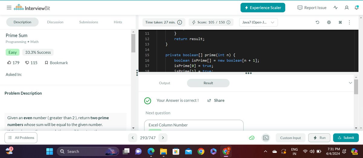 vij_03's tweet image. Finished with #Day94 of the
@scaler_official
#365DaysofCodeChallenge Today's ques -  Prime Sum #scalerdiscord #codewithscaler #365daysofcodescaler #365DaysofCode