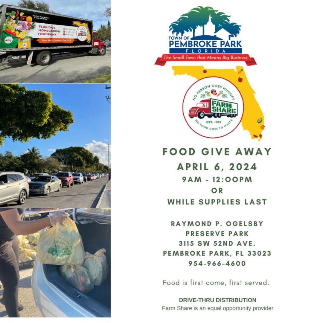 MARK YOUR CALENDARS! 🗓️ 🚗 Drive Thru Food Distribution 📅 Date: April 6th, 2024 🕘 9:00 AM - 12:00 PM 📍 Raymond P. Ogelsby Preserve Park - 3115 SW 52nd Ave, Pembroke Park, FL 33023 🍎 While supplies last. Food is first come, first serve. 🍏