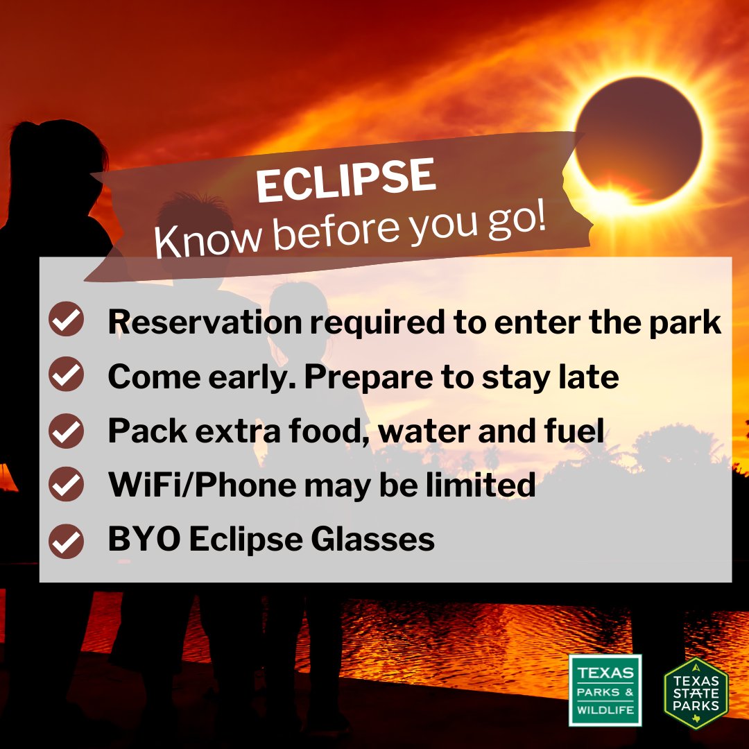 Countdown 'til the eclipse! If you're planning on visiting a Texas State Park, here's what to know 😎 Details 👉🏽 bit.ly/EclipseViewing… #TexasStateParks