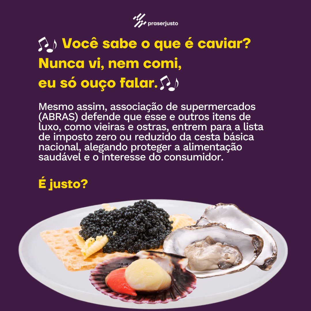 PraSerJusto's tweet photo. Quem se beneficia da redução de impostos nos itens de luxo sugeridos pela @PortalAbras para a cesta básica? 

A conta é de todos nós.

🎵 Zeca Pagodinho avisou:
"Na mesa de poucos
Fartura adoidado
Mas se olhar pro lado 
Depara com a fome". 

Entenda: https://t.co/9A0b0yVxOJ https://t.co/hbcy2SR55c