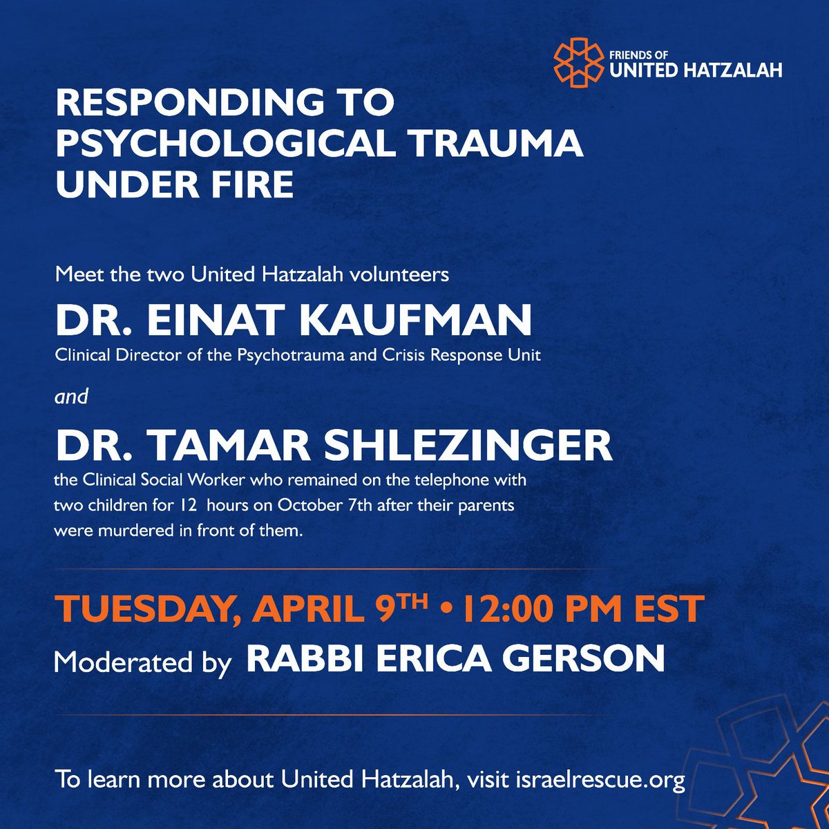 A Zoom conversation with Einat Kaufman and Tamar Shlezinger, who remained on the telephone with two children for 12 hours after their parents were murdered on October 7th. Tuesday, April 9th at 12:00 PM EST Please register: us02web.zoom.us/meeting/regist…